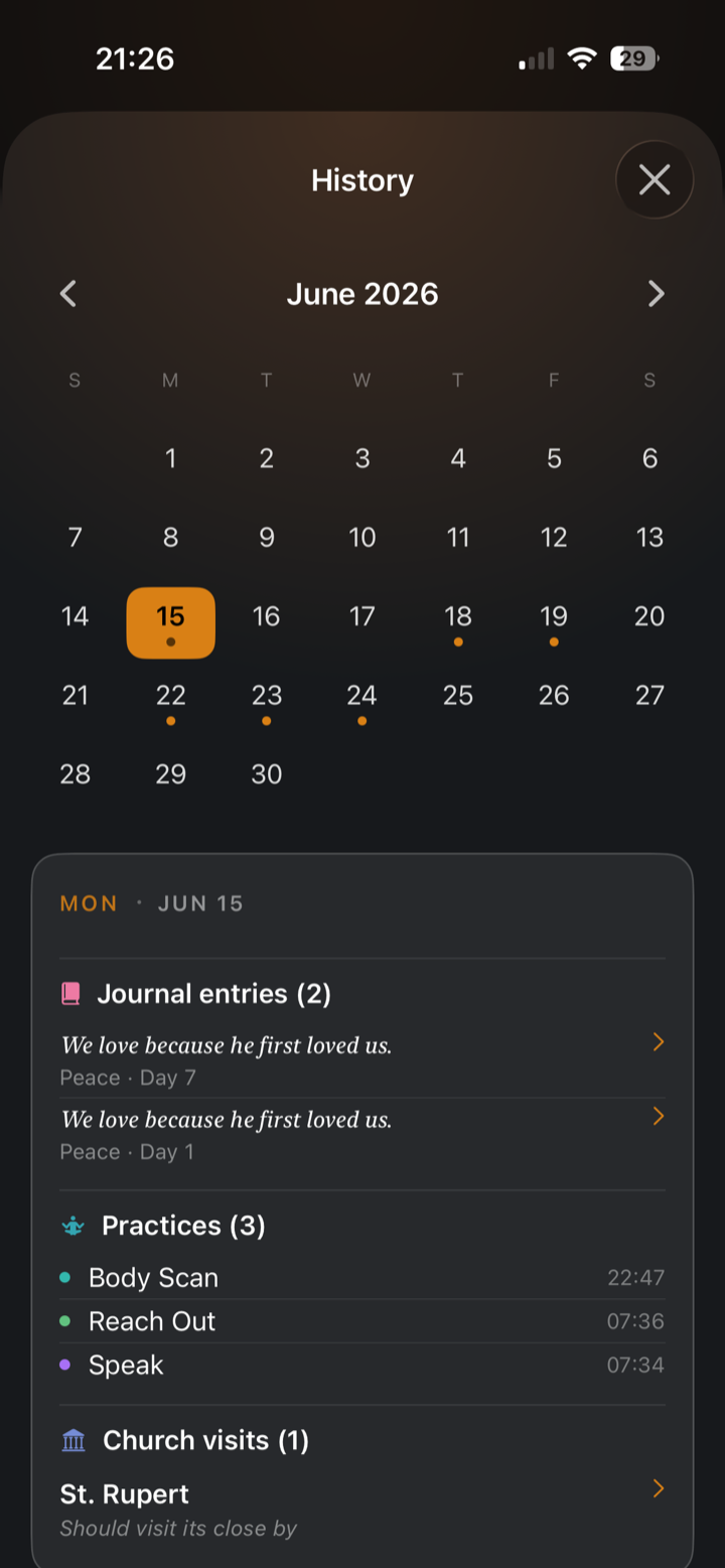 Calendar history of practices and journal entries